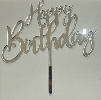 Cake Topper in plexiglass argento-Happy Birthday